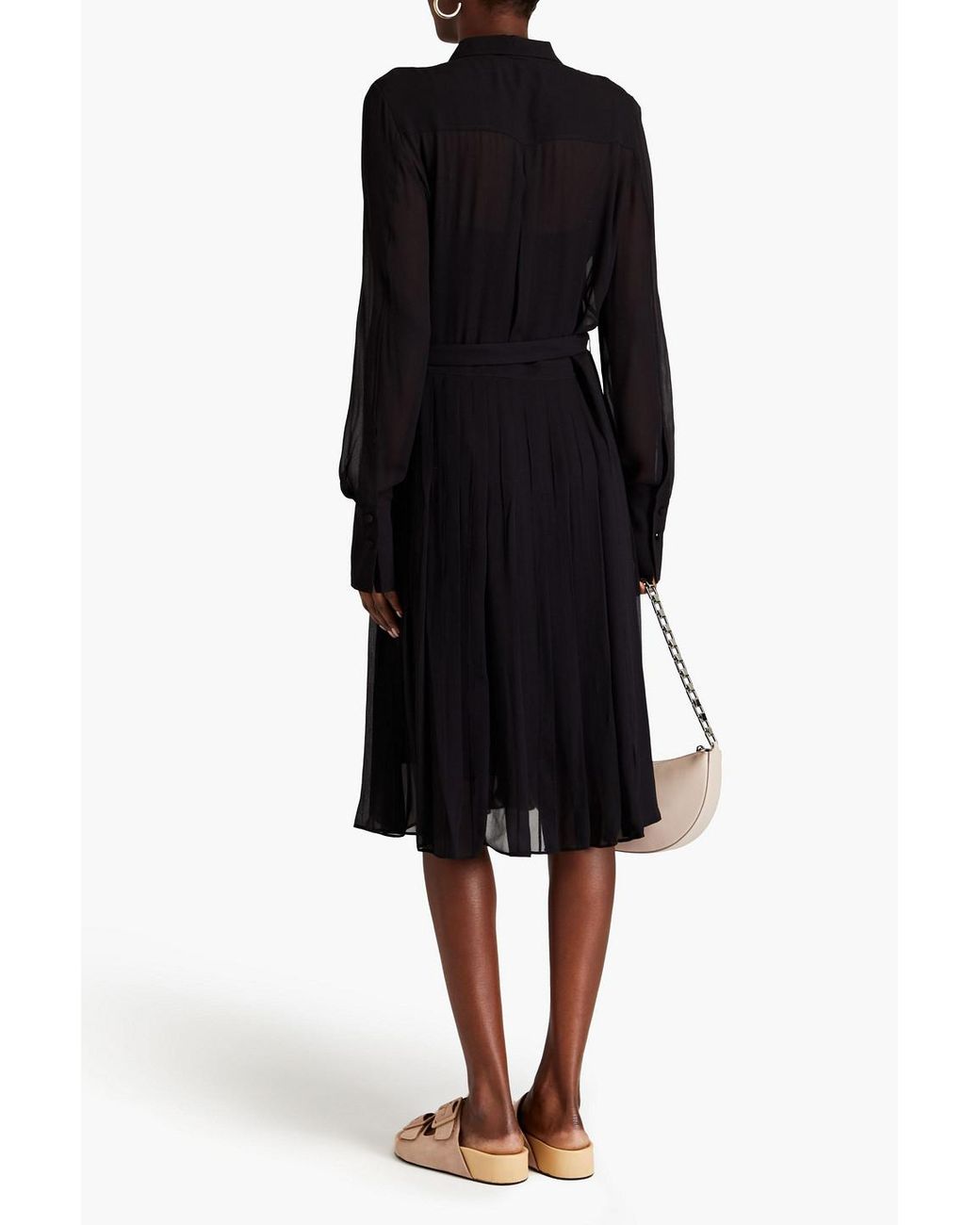 Rag Bone Shane Belted Pleated Chiffon Midi Shirt Dress in Black