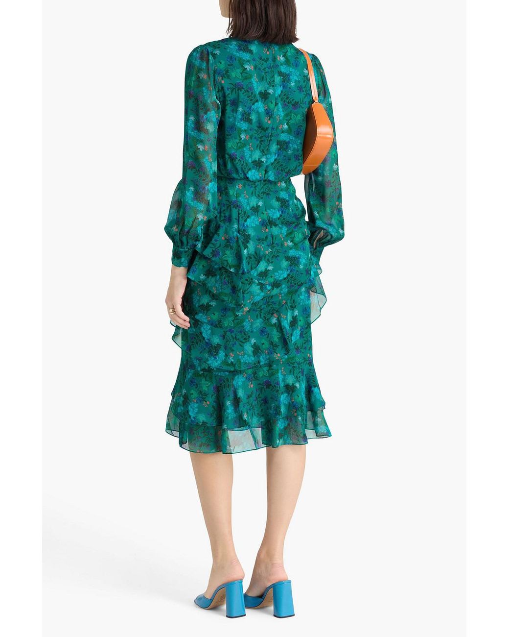 Saloni Green Isa Ruffled Floral-Print Silk-Georgette Midi Dress