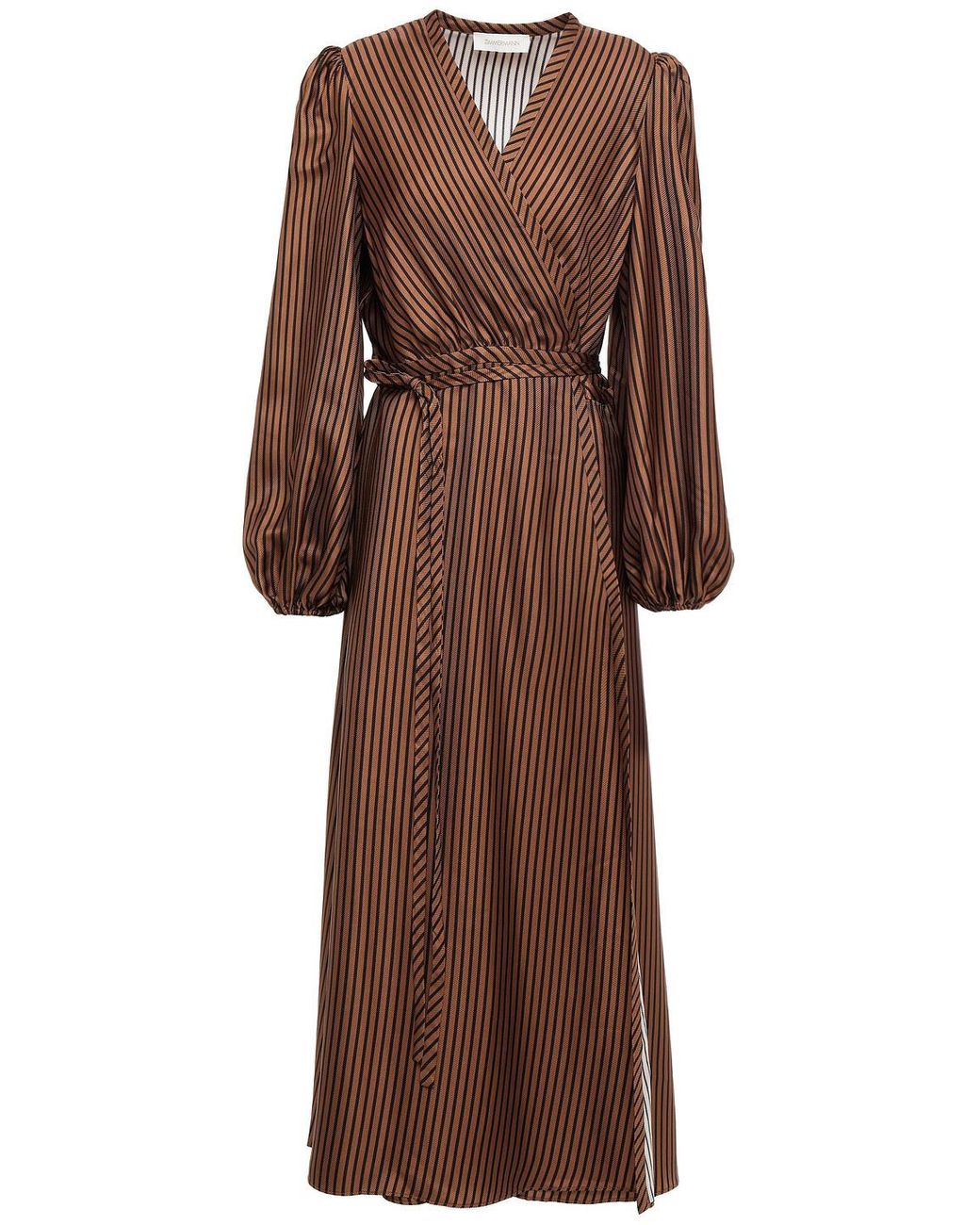 Zimmermann Gathered Striped Satin-twill Midi Wrap Dress in Brown | Lyst