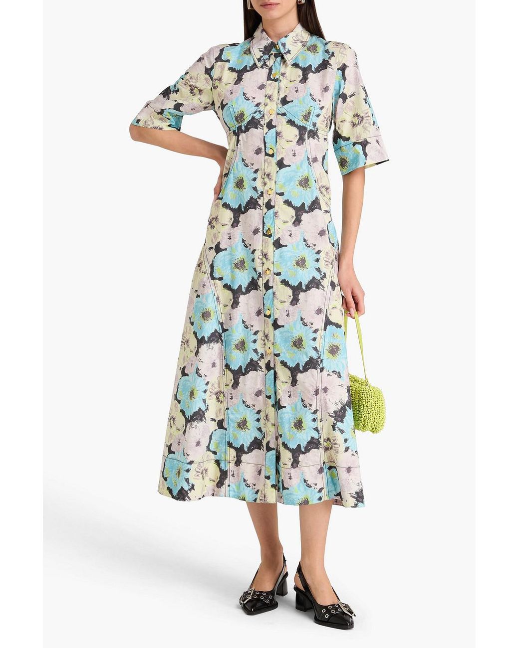Ganni White Floral-print Cotton-poplin Midi Shirt Dress