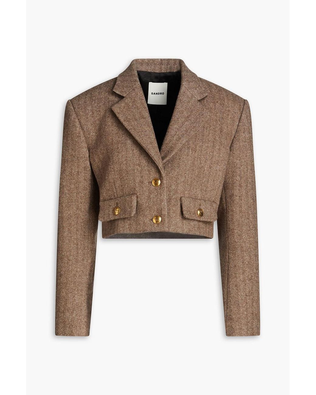 Sandro Cropped Herringbone Wool-blend Blazer in Brown | Lyst UK