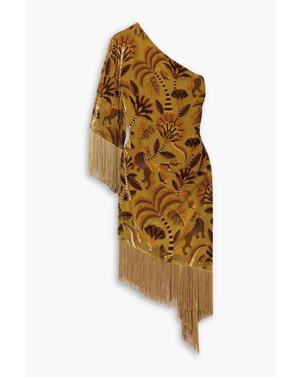 FARM Rio Asymmetric One-sleeve Fringed Devor-velvet Dress in Yellow | Lyst