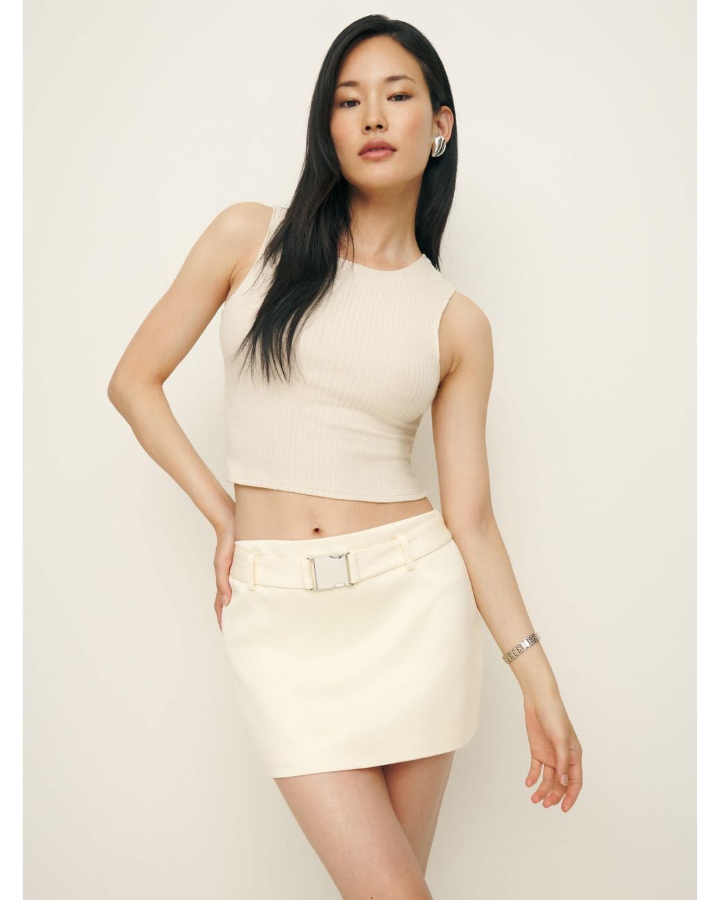 Reformation Natural Carla Low Waist Belted Satin Skirt 6