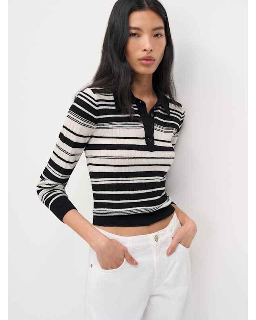 Reformation White Hermia Regenerative Merino Polo Cream Stripe