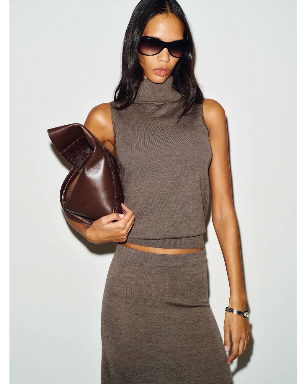 Reformation Brown Alicia Regenerative Merino Mock Neck Tank Top