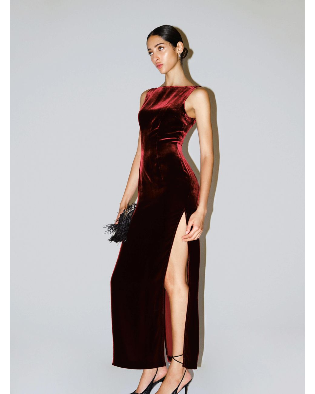 green emerald velvet dress Park Avenue Flutter Sleeve Side Split Midi Dress Blush L