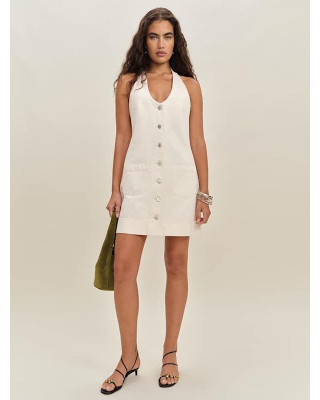 reformation brittany halter denim mini dress in Natural Halter nwt