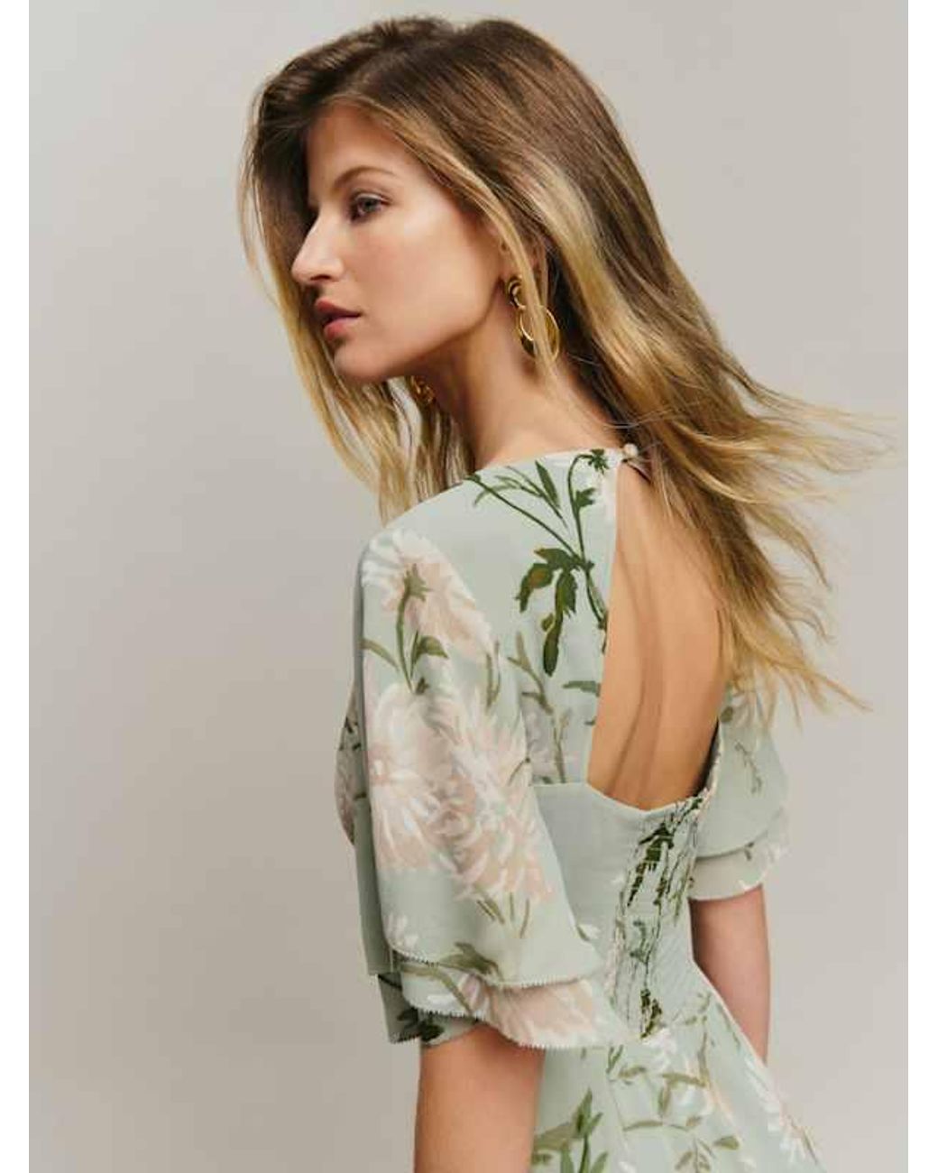 reformation sage green floral dress Bridesmaids dresses feom Reformation (colors are Artichoke and Tarragon)