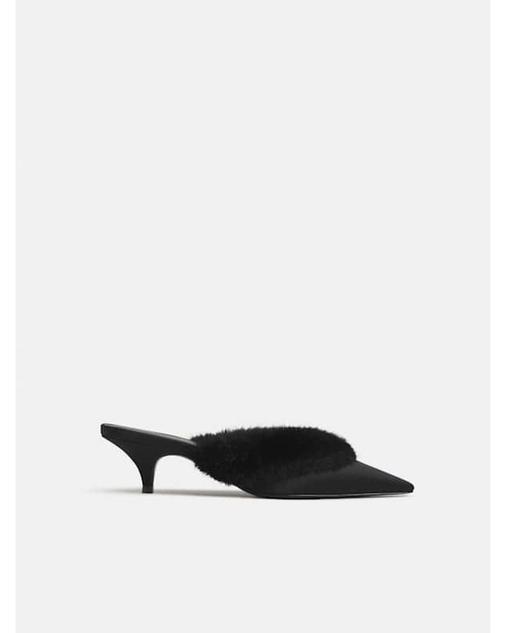 Reformation Black Wyler Heeled Mule Satin Fur 5