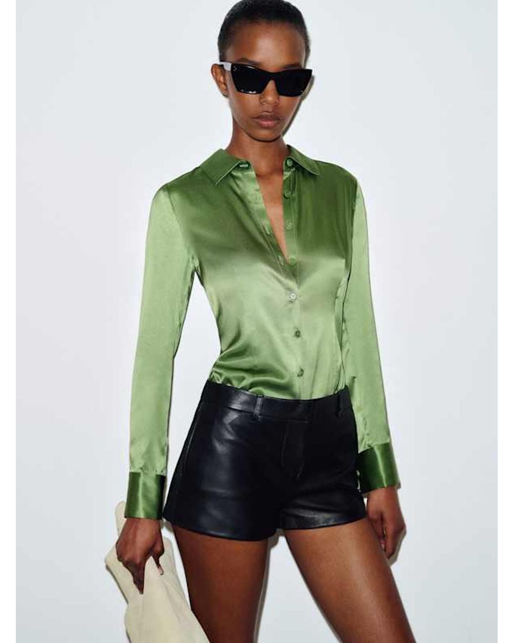 Reformation Green Raya Fitted Silk Shirt Jade
