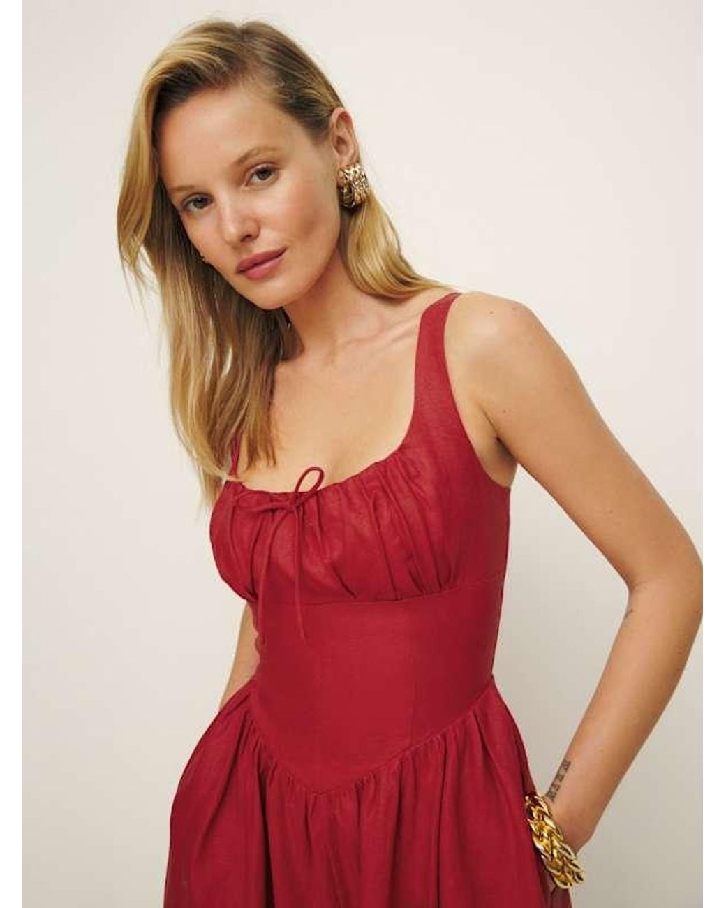 knee length dresses for ladies Reformation Balia Linen Sleeveless Basque Waist Midi main image 1