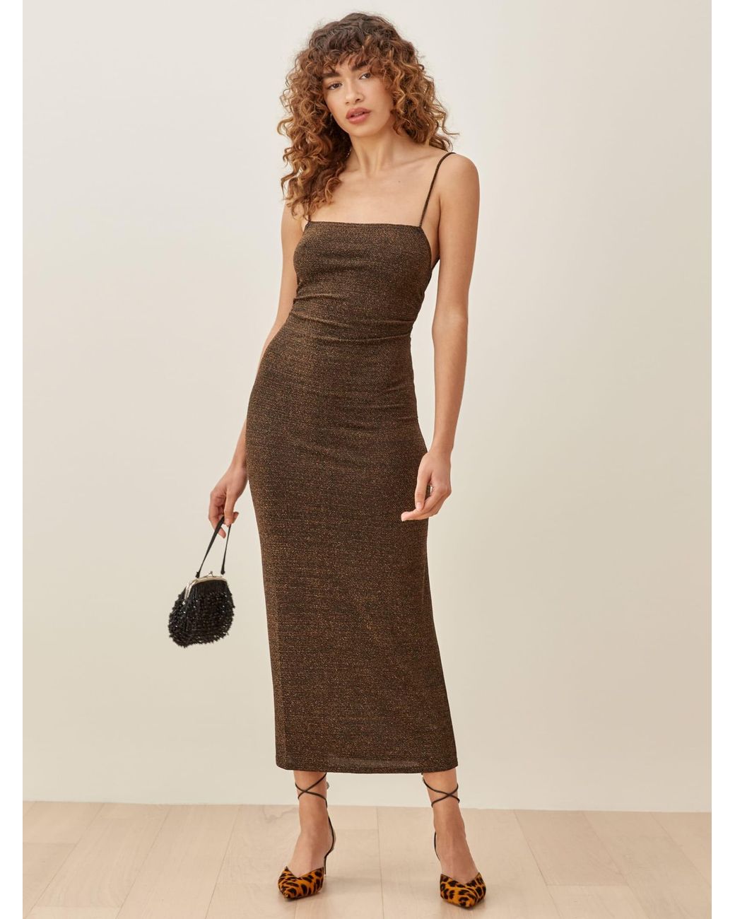 brown dress reformation Reformation Suvi Ruched Midi Dress | Brown