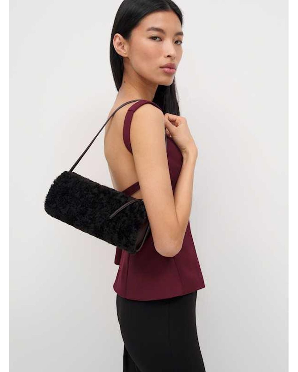 Reformation Black Simona Cylinder Bag Chocolate Shearling