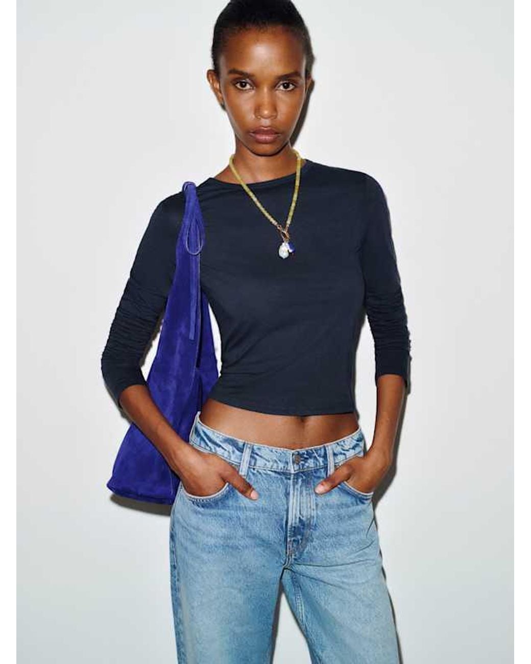 Reformation Blue Fitted Long-Sleeve Crew Neck Tee