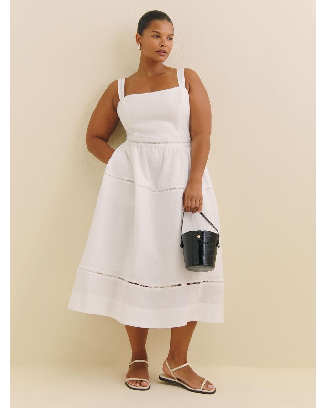 everett linen dress skimming bodice Reformation Women's Everett Embroidered Linen