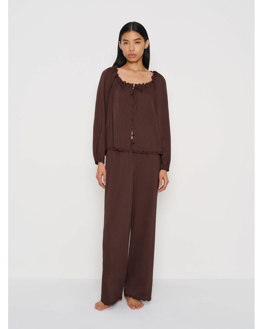 Reformation Brown Paloma Pajama Set Lace