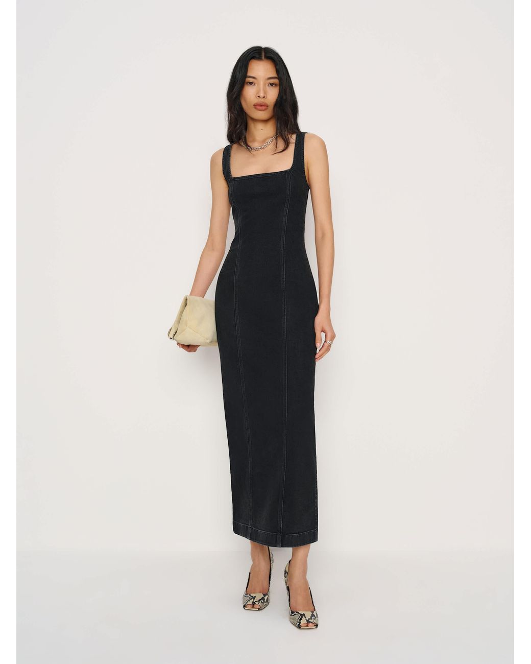 reformation black denim dress Gladys Super Stretch Midi 0 in Blue Gown COLOR:PINK kängor V Neck Sleeveless Wedding