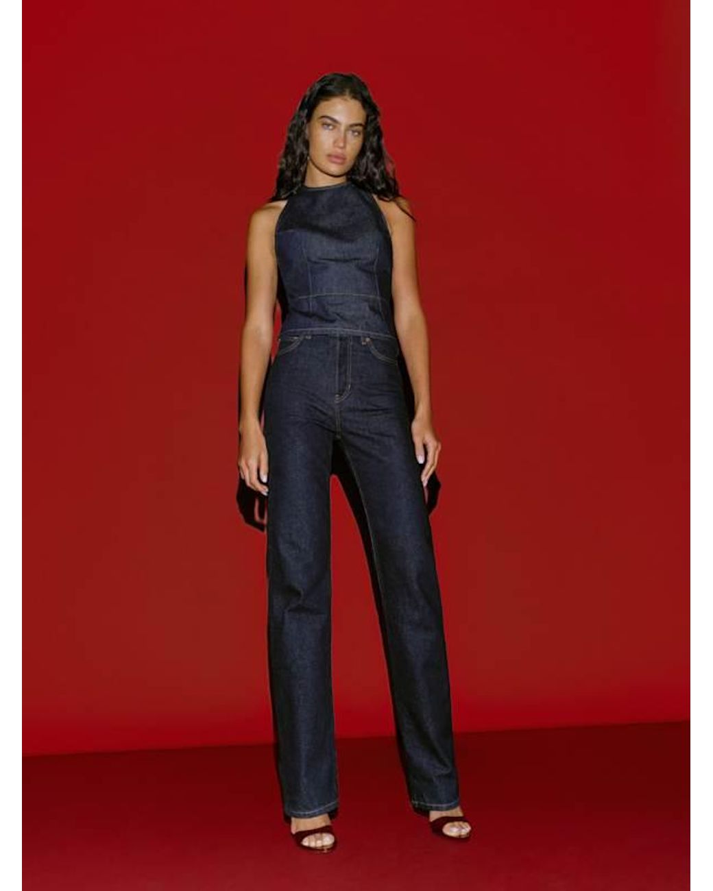 Reformation Red Alexie Denim Halter Top