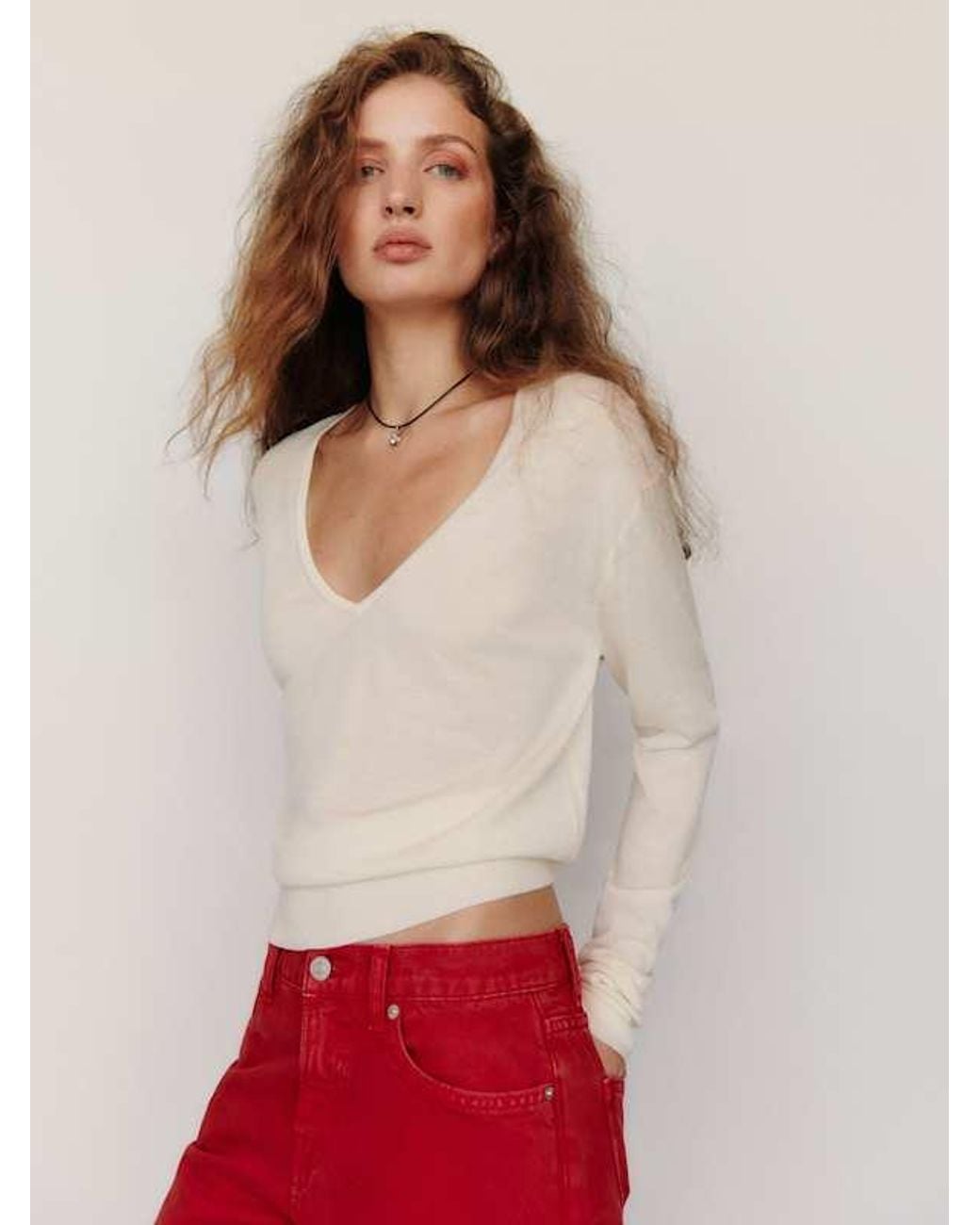 Reformation White Micah V-Neck Sweater Top