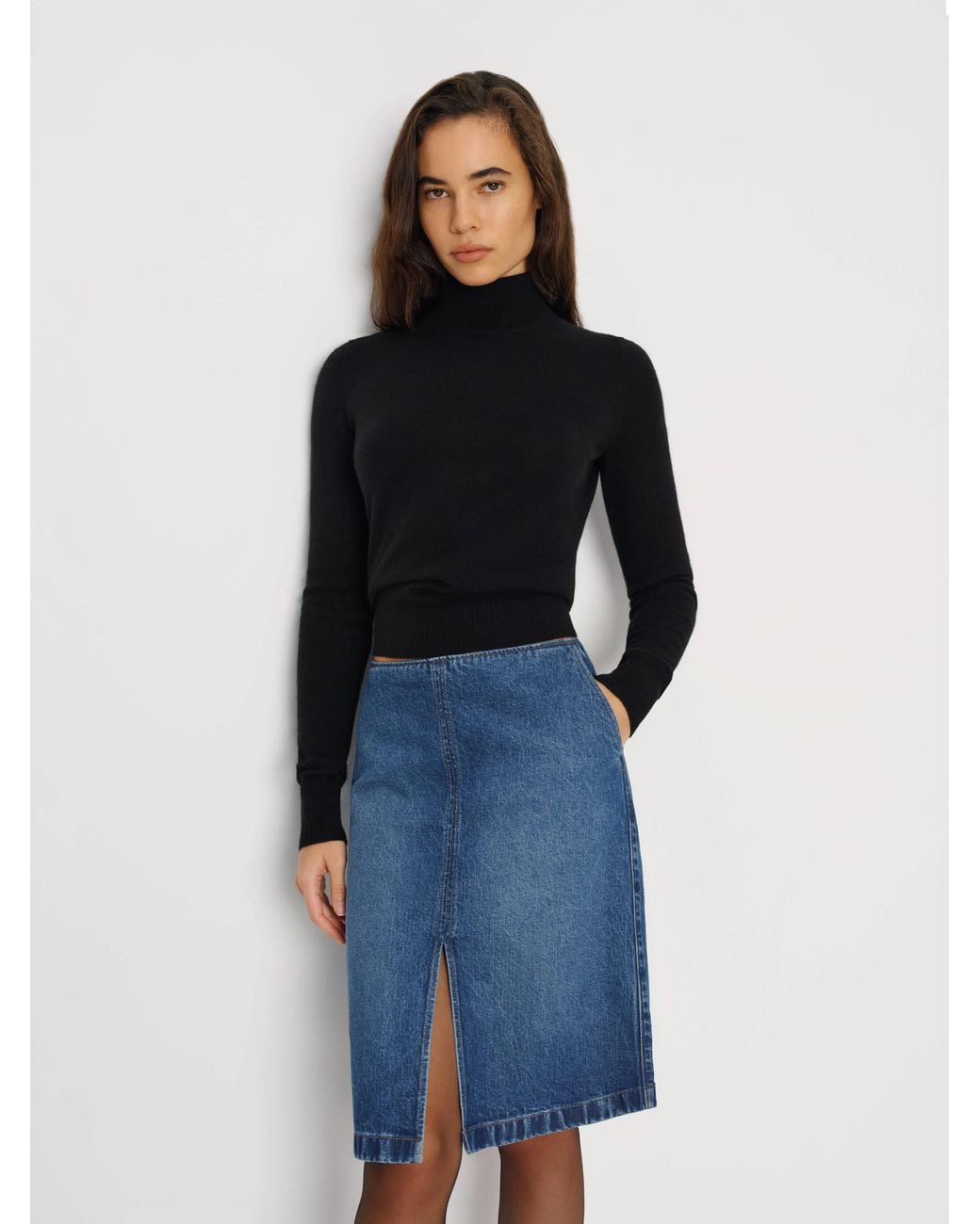 Reformation Blue Misty Stretch Mid Rise Skirt