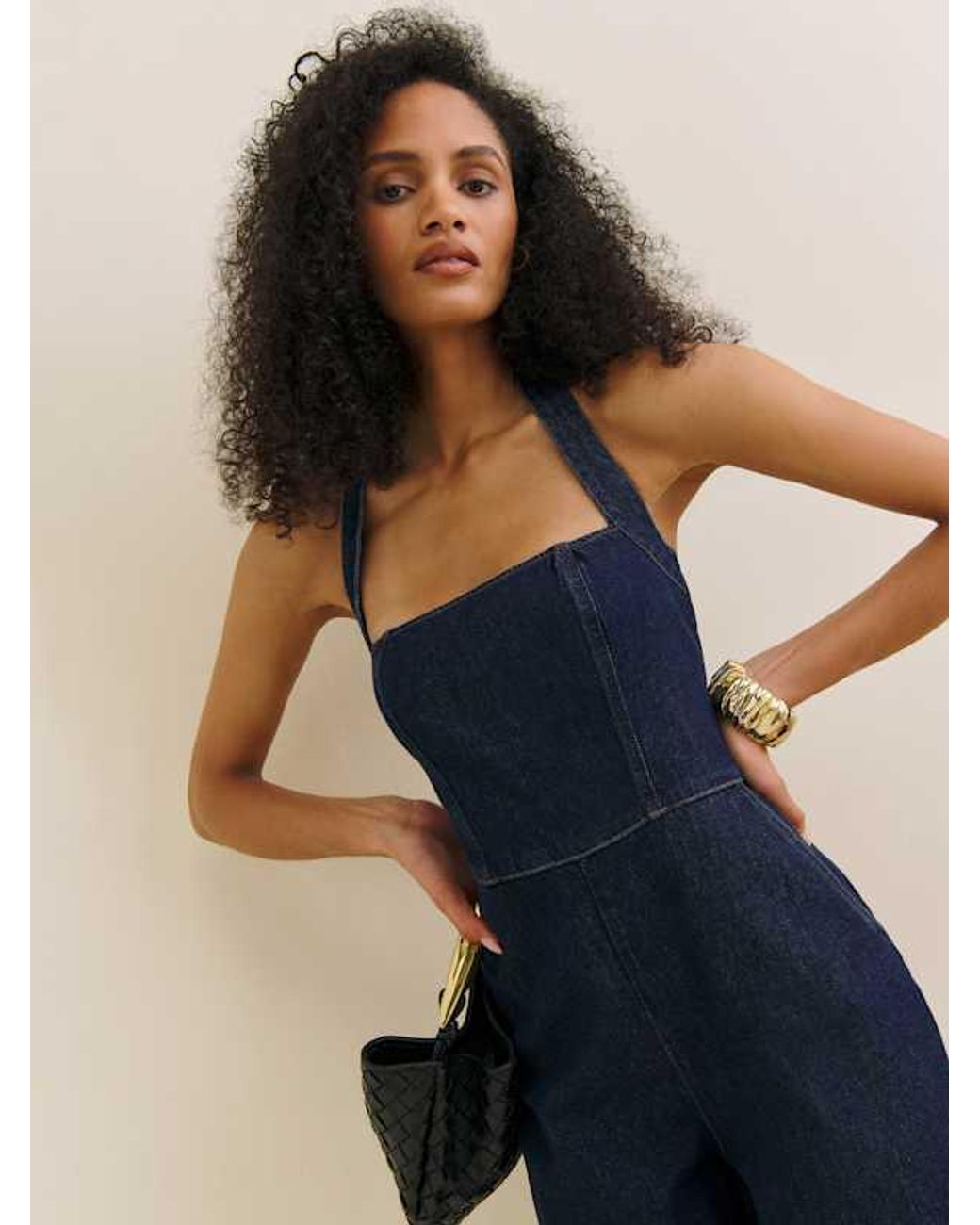 Reformation Danna Halter Denim Jumpsuit 2 in Blue | Lyst
