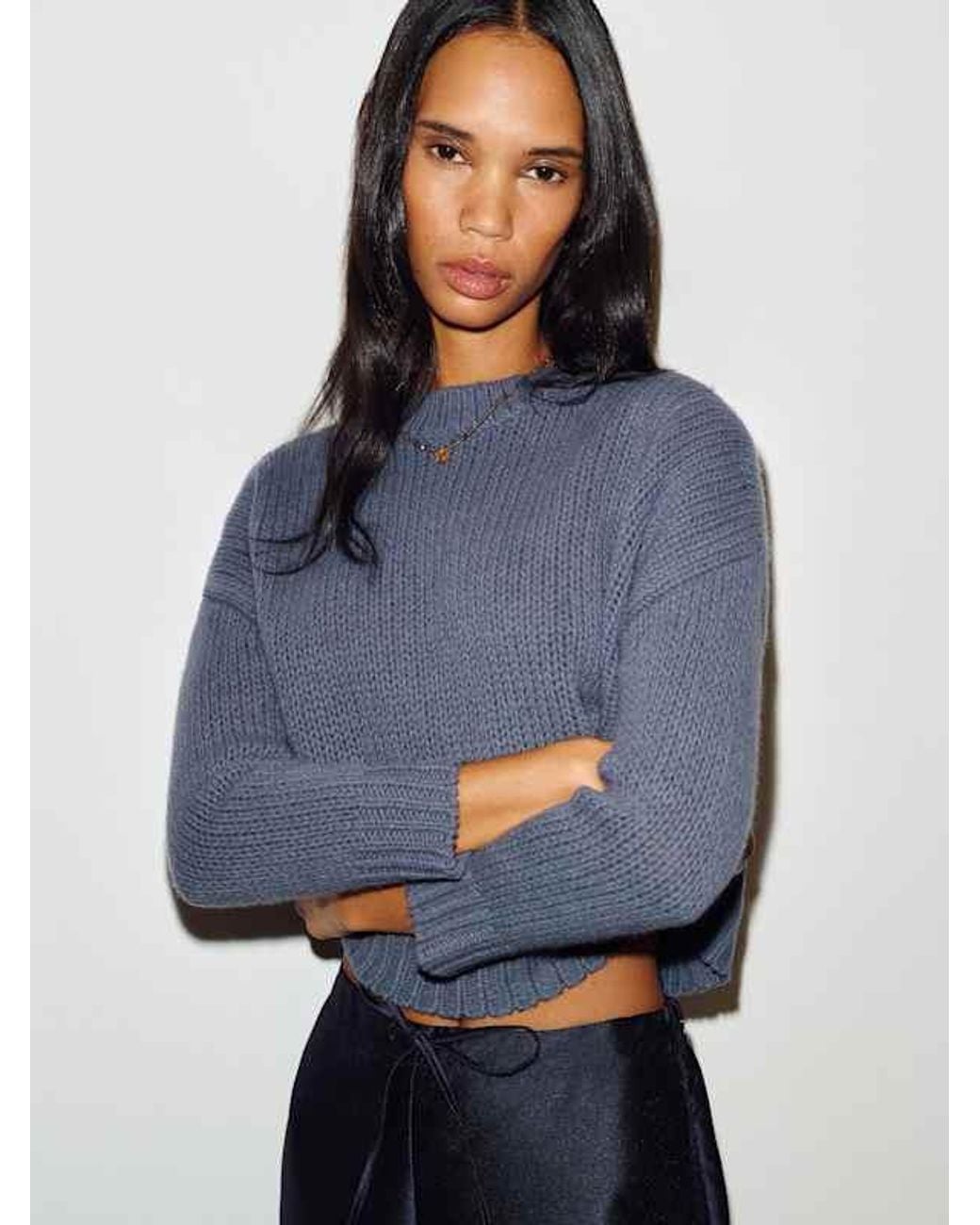 Reformation Blue Cleo Cashmere Cropped Crew Sweater