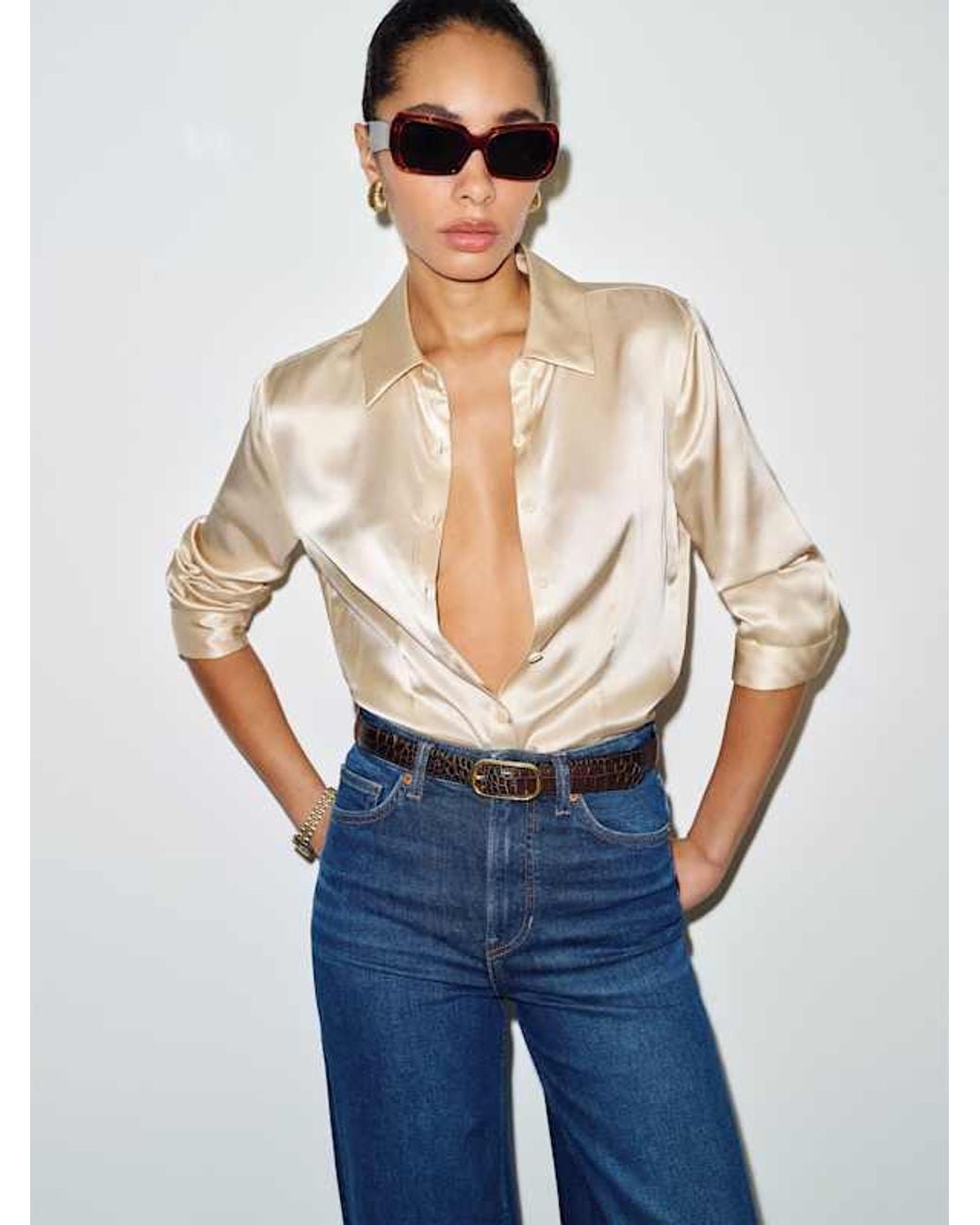 Reformation Blue Raya Fitted Silk Shirt