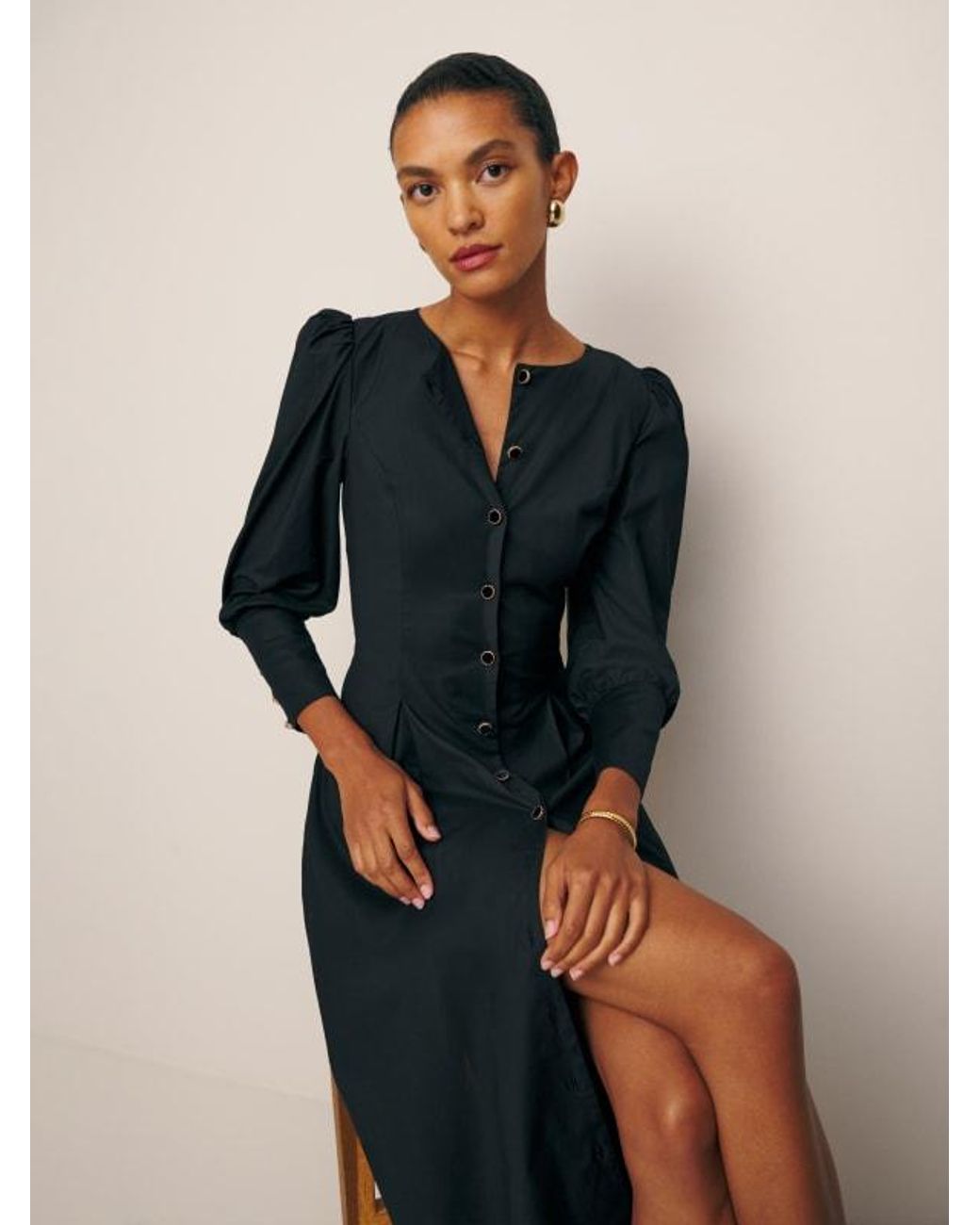 chinese dress ladies Pleated Half Button Long Sleeve Midi Dress