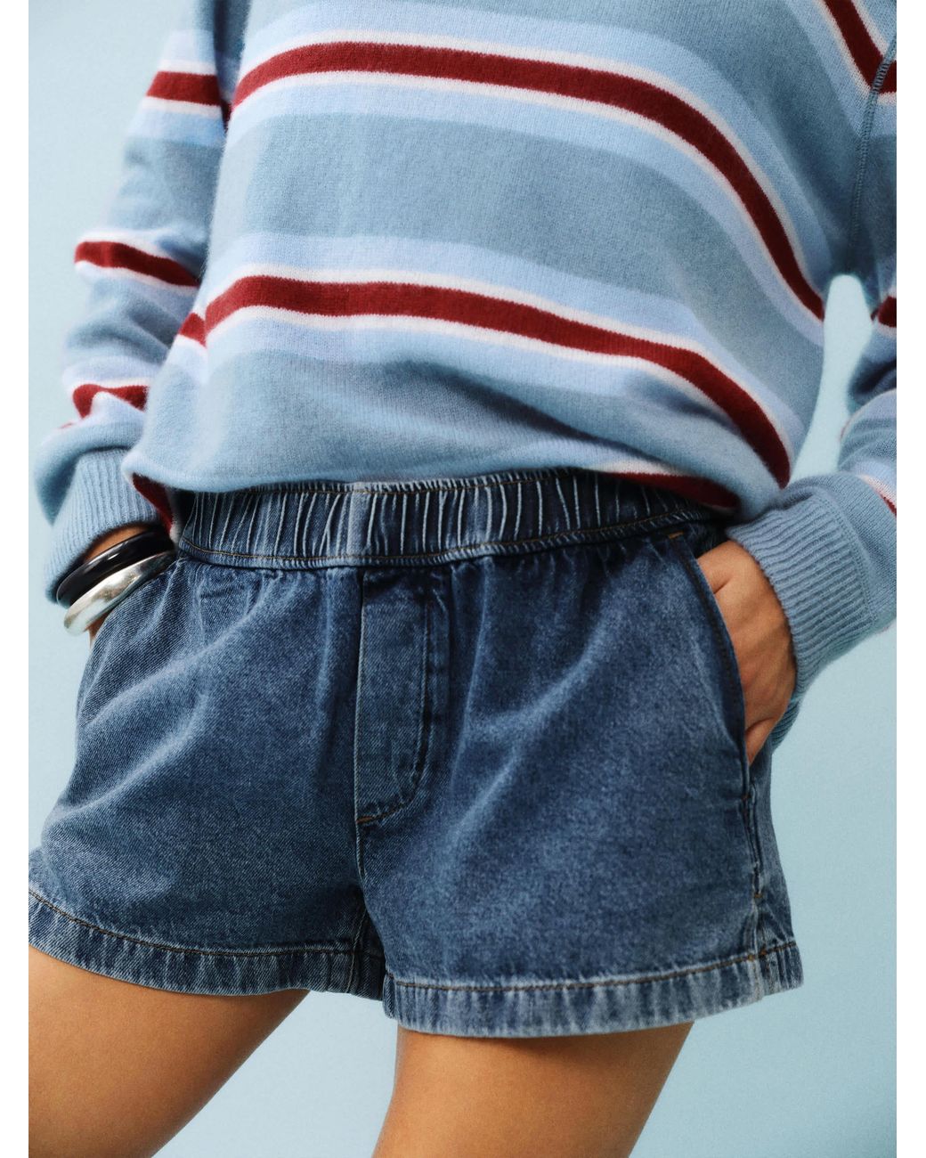 Reformation Blue Theo Low Rise 2.5 Pull On Denim Shorts
