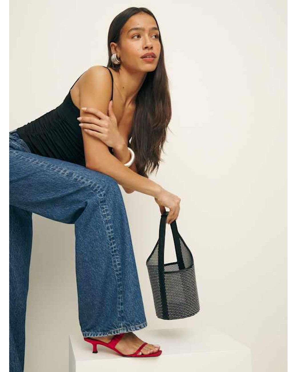 Reformation Black Small Mesh Silvana Bucket Bag Sparkle Mesh