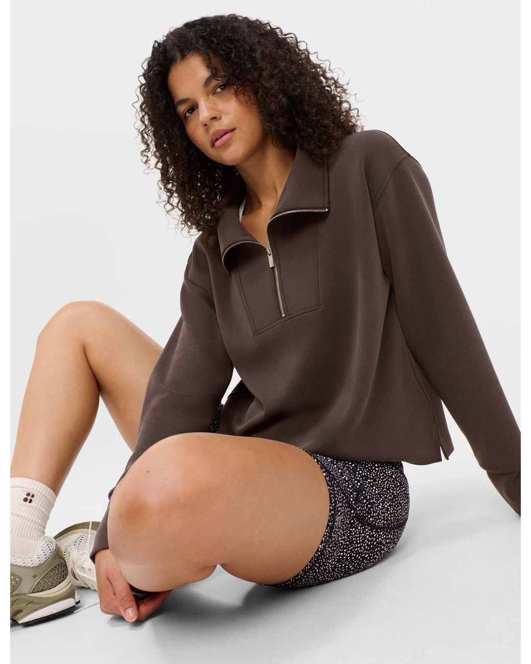 Sweaty Betty Brown Women's Sand Wash Half Zip Crop Sweatshirt