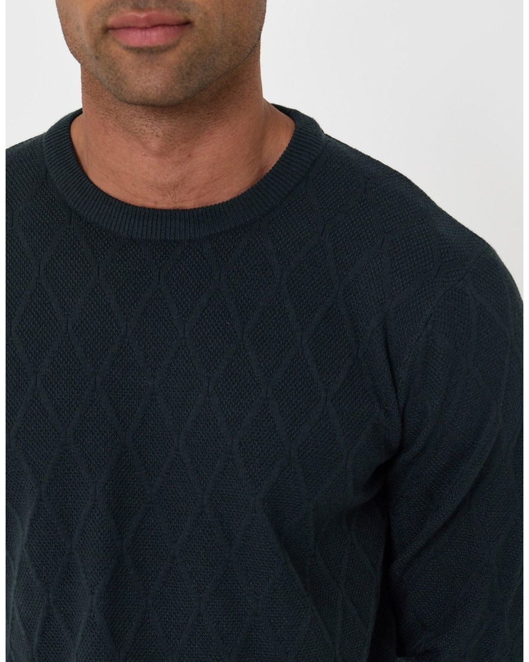 Threadbare Blue Diamond Textured Crew Neck Jumper for men