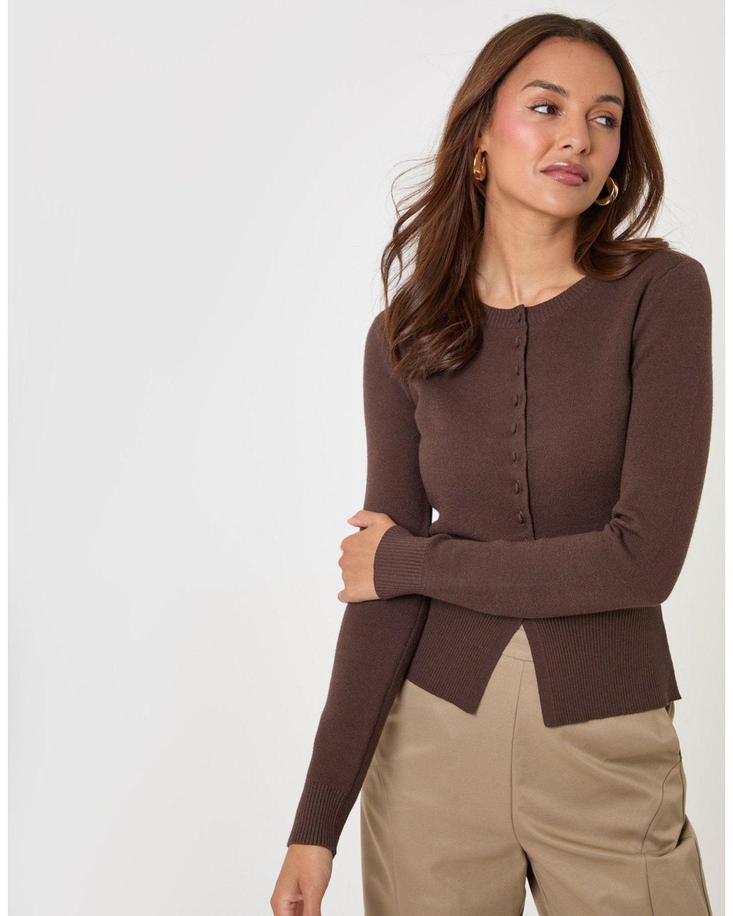 Threadbare Brown Crew Neck Compact Knitted Cardigan