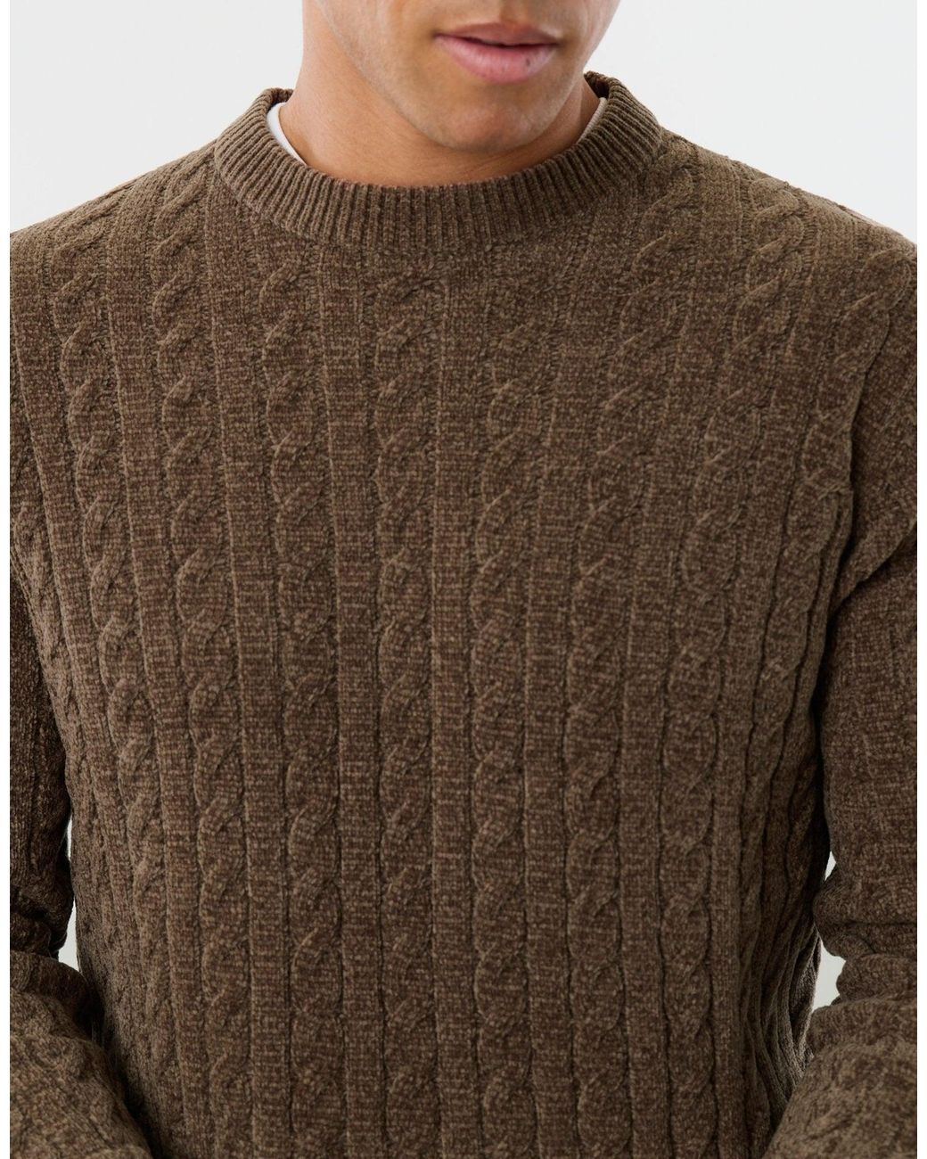 Threadbare Brown Fluffy Cable Knit Crew Neck Jumper for men