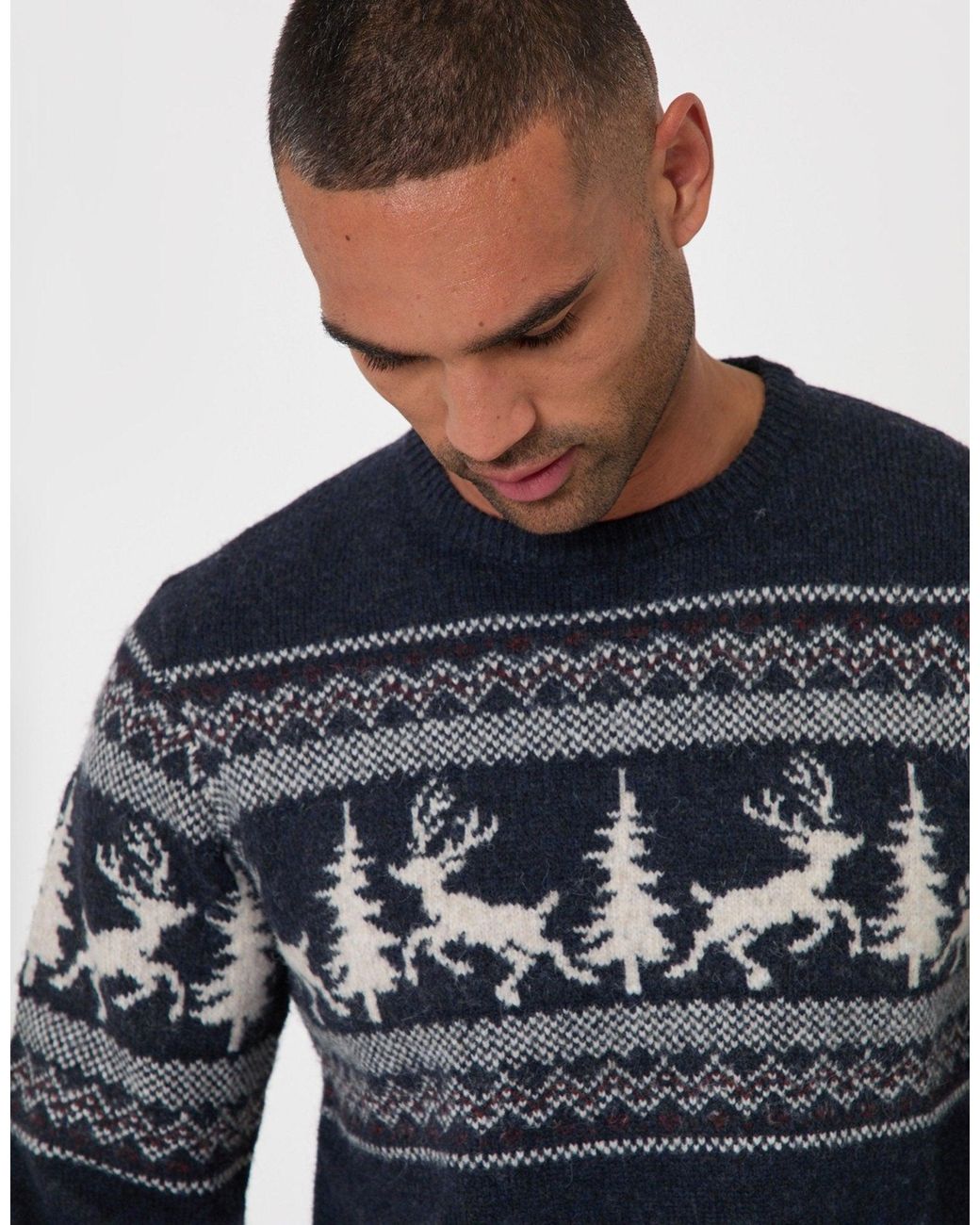 Threadbare Blue Reindeer Forest Fairisle Christmas Jumper for men