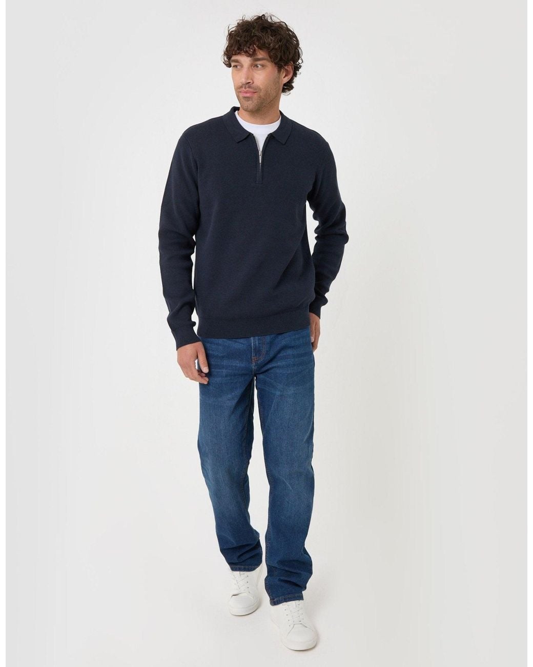 Threadbare Blue Cotton Rich Quarter Zip Long Sleeve Polo for men