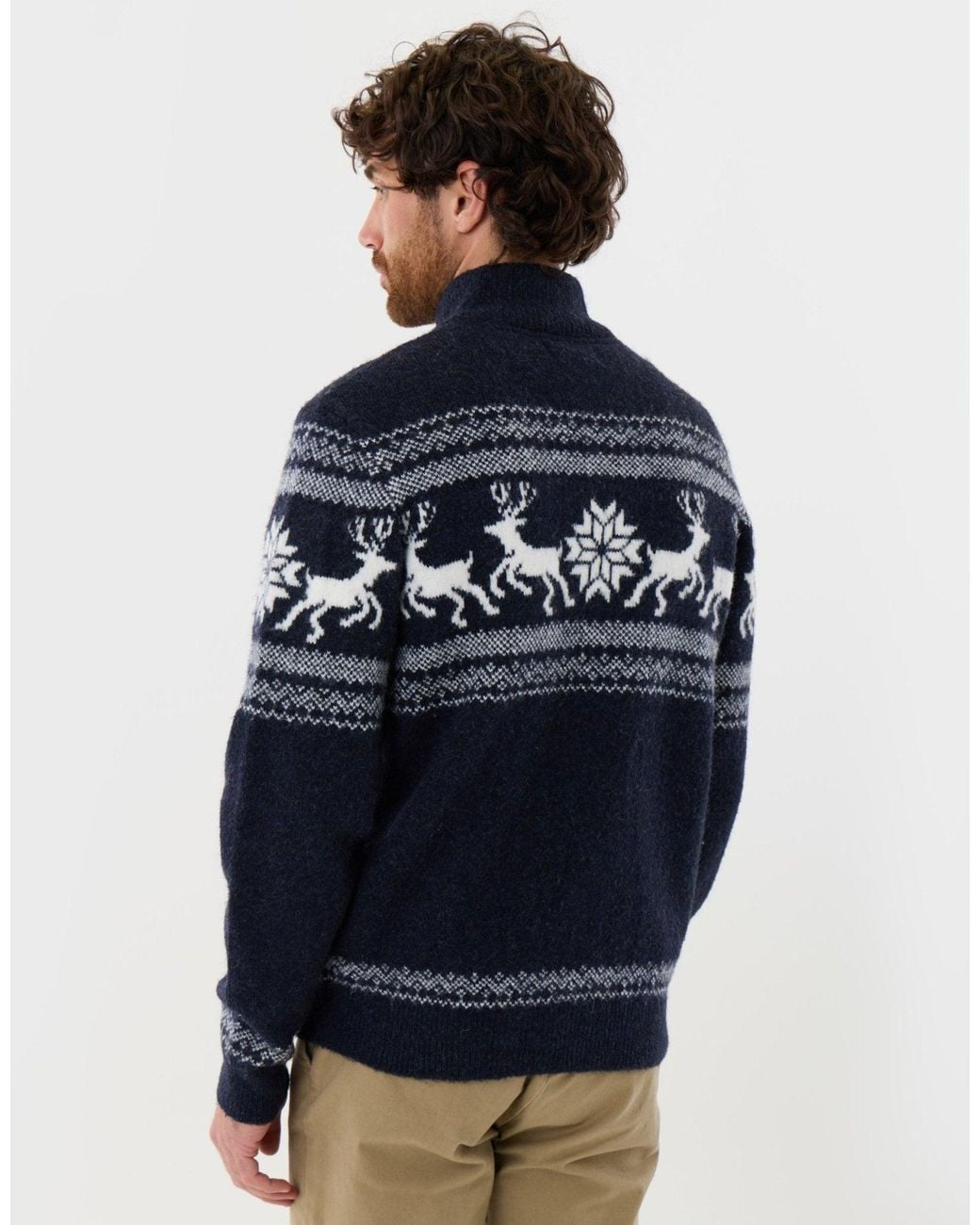 Threadbare Blue Fairisle Knitted Quarter Zip Christmas Jumper for men