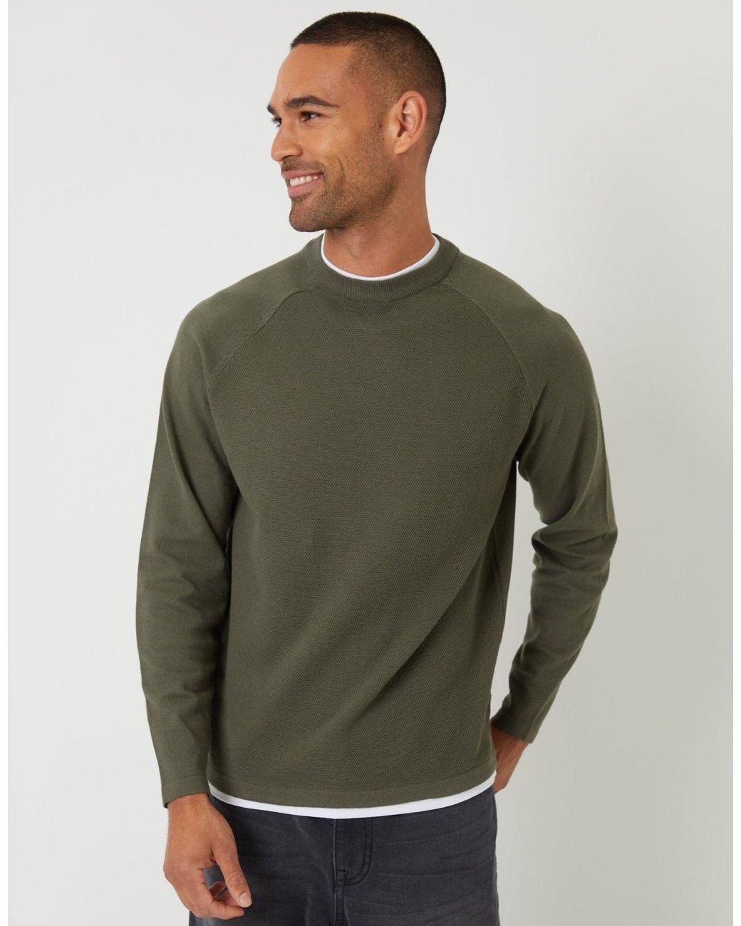 Threadbare Green Mock Tee Textured Knit Crew Neck Jumper for men