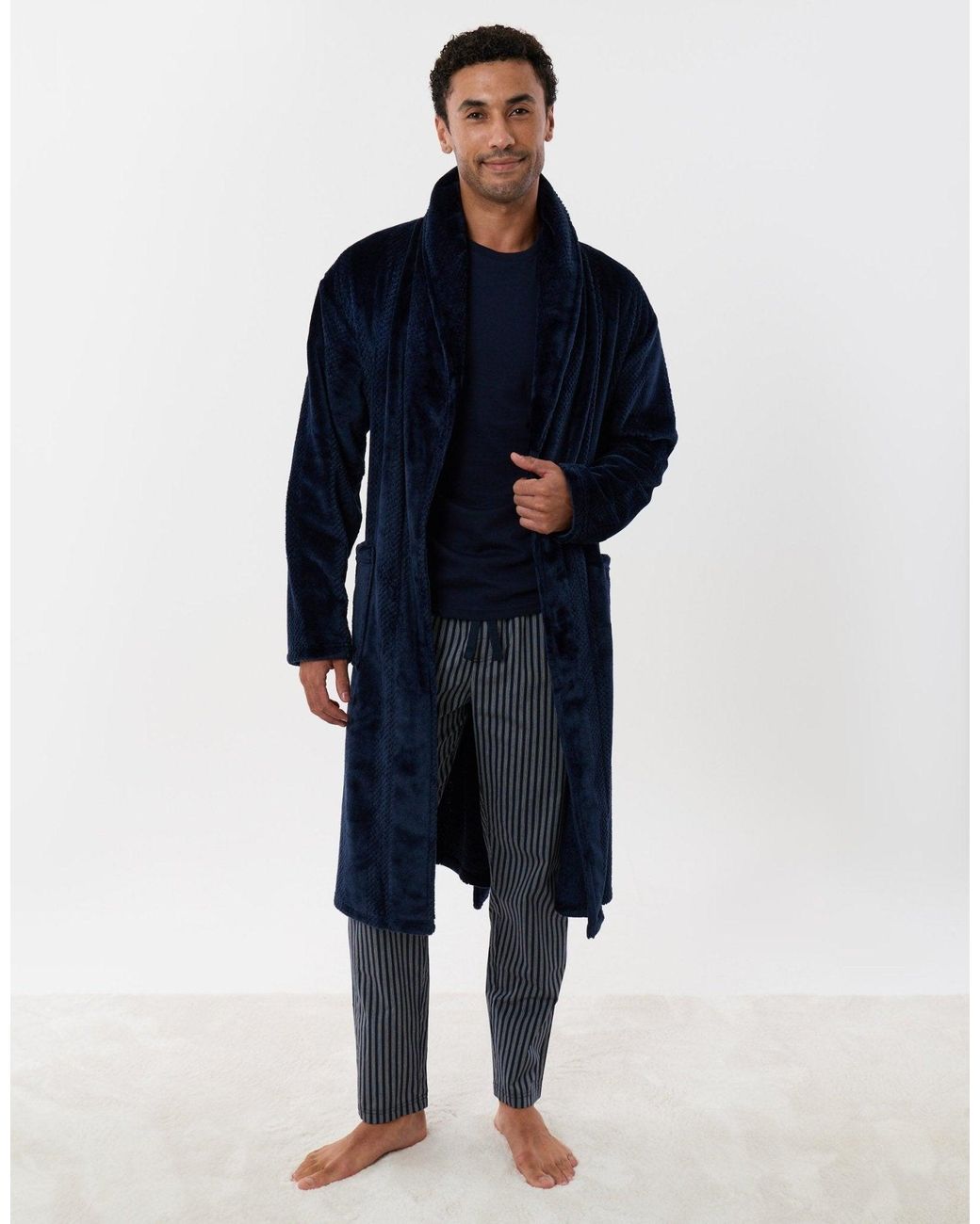 Threadbare Blue Textured Fleece Dressing Gown for men