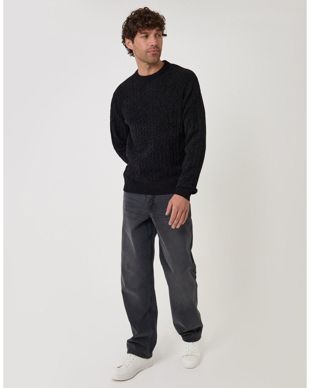 Threadbare Black Fluffy Cable Knit Crew Neck Jumper for men