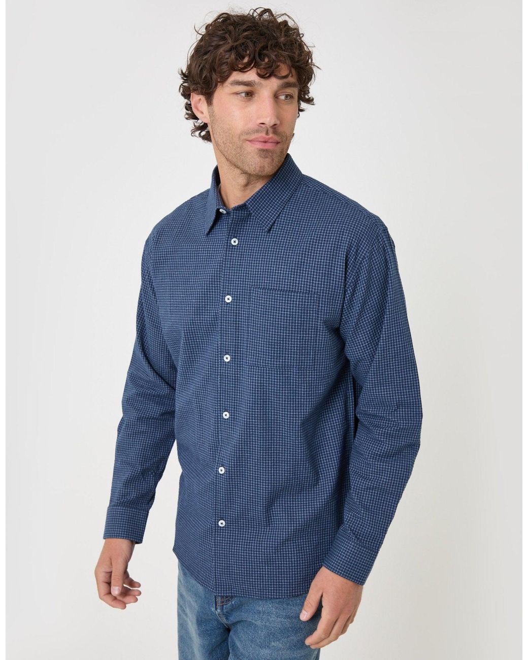 Threadbare Blue Relaxed Fit Cotton Seersucker Shirt for men
