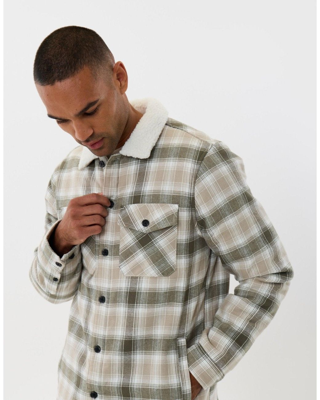 Threadbare Gray Cotton Flannel Shacket With Sherpa Collar & Lining for men