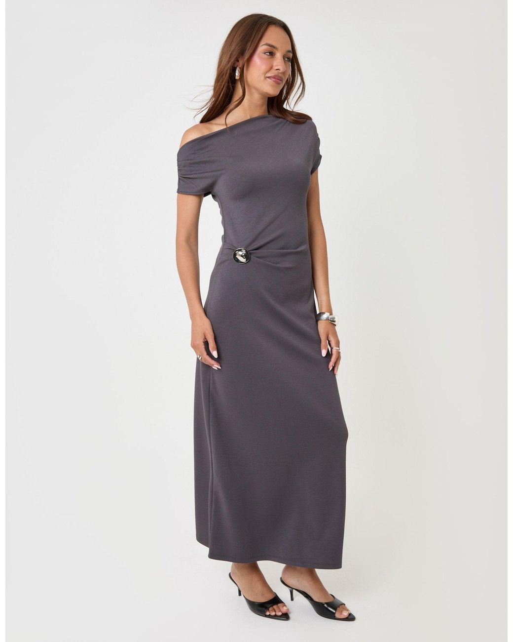 Threadbare Blue Off Shoulder Draped Jersey Maxi Dress