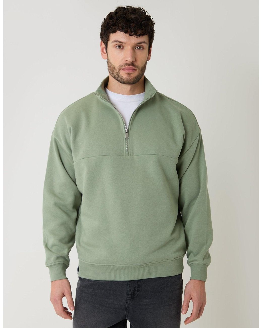 Threadbare Green Relaxed Fit Half Zip Sweatshirt for men