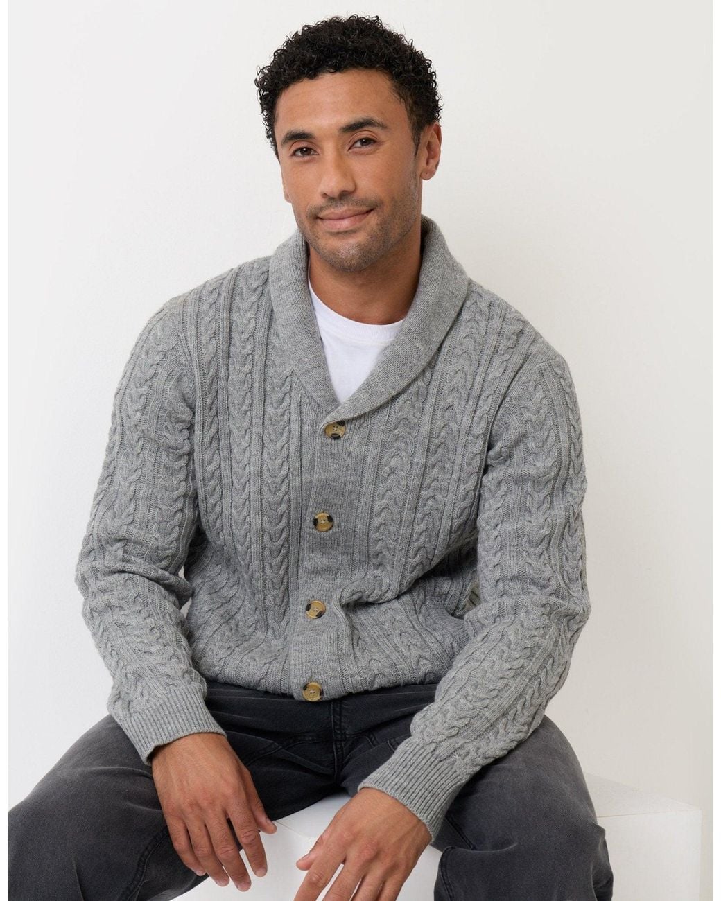 Threadbare Gray Cable Knit Shawl Cardigan for men