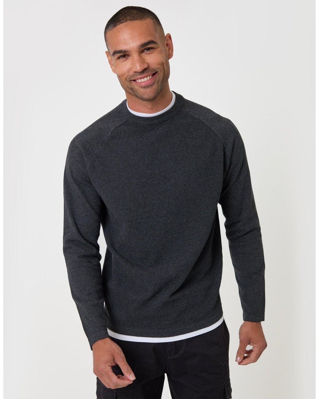 Threadbare Blue Mock Tee Textured Knit Crew Neck Jumper for men