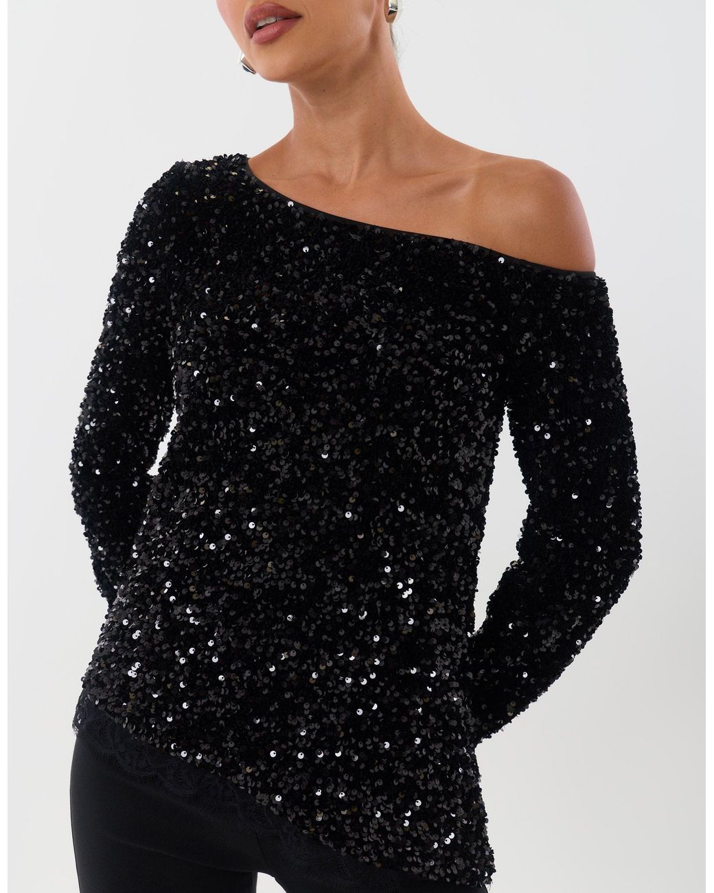 Threadbare Black Sequin Asymmetric Top