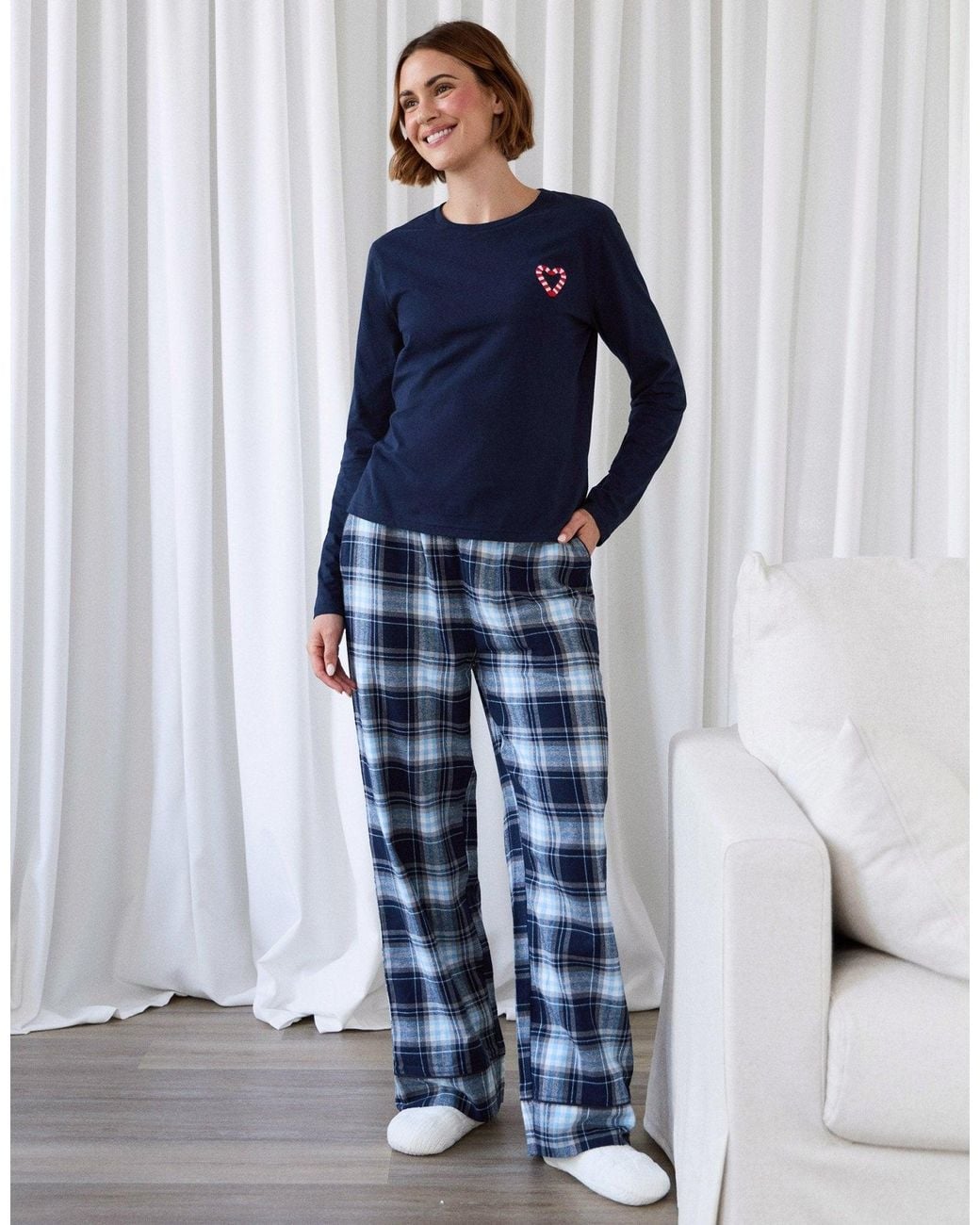 Threadbare Blue Petite Cotton Embroidered Candy Cane Christmas Pyjama Set