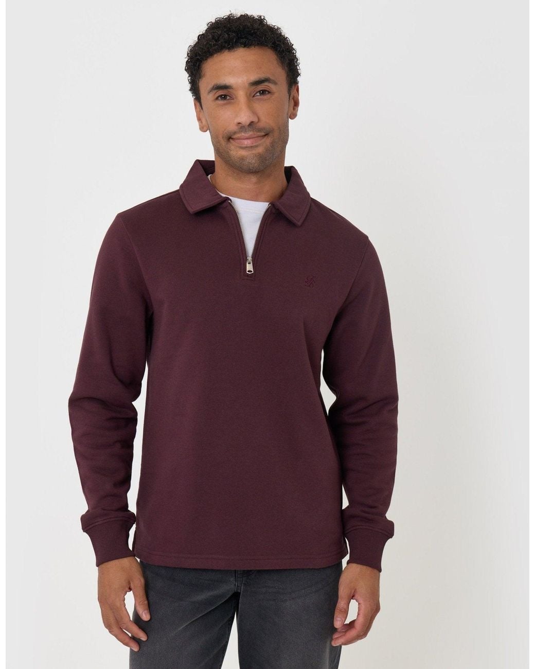 Threadbare Purple Quarter Zip Long Sleeve Polo Sweatshirt for men