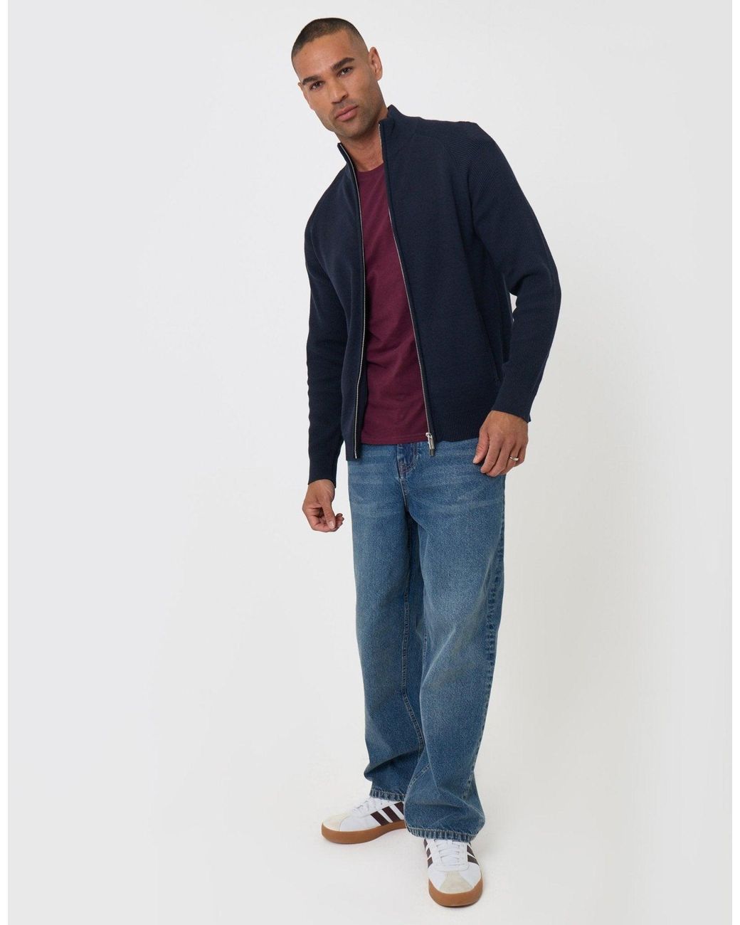 Threadbare Blue Knitted Zip Up Funnel Neck Cardigan for men